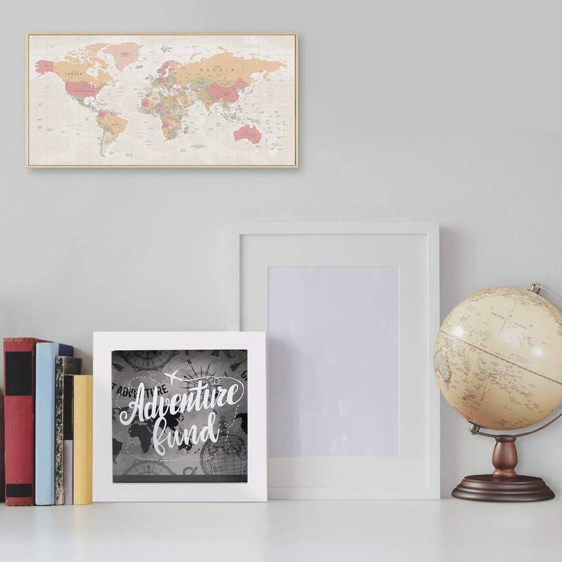 UMICAL 6x6 Inch Adventure Fund White Shadow Box Frame Display Case Decorative Wooden Money Savings Bank Travel Fund Box Memory Box with World Map Background - Image 3